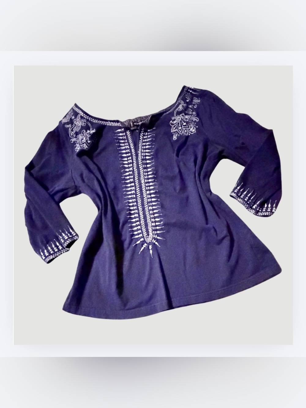 eShakti Women's Navy Embroidered V-Neck Top, Size XL (16) Fits like a Large